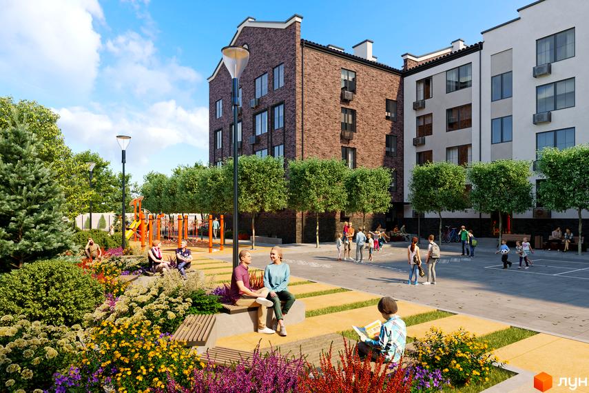 Житловий комплекс МІЛАНЖ: цегляний будинок з білою фасадною частиною та зеленою прибудинковою територією з дитячим майданчиком та зонами відпочинку.