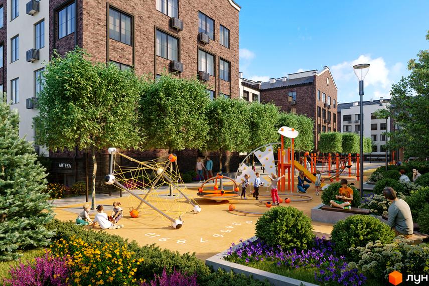 Житловий комплекс МІЛАНЖ: цегляна фасадна частина будинку та дитячий майданчик з різнокольоровими елементами та зеленими насадженнями.