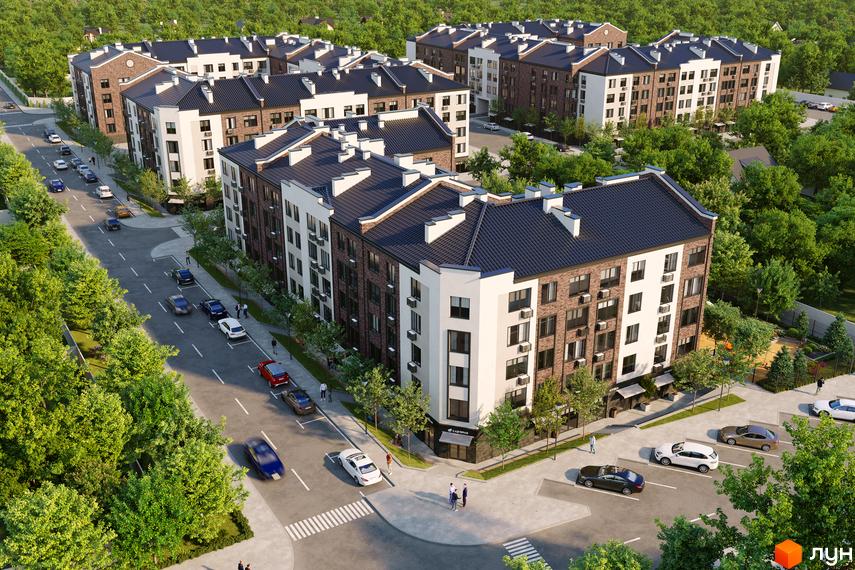 Житловий комплекс МІЛАНЖ: фасади будівель з цегляним оздобленням та білими елементами, прибудинкова територія з деревами та дорогою.