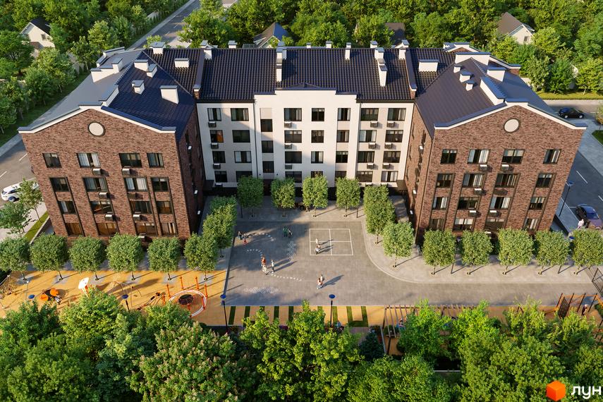 Житловий комплекс МІЛАНЖ з цегляними та білими фасадами, покрівлею темного кольору, внутрішнім двором з дитячим майданчиком та місцями для відпочинку.