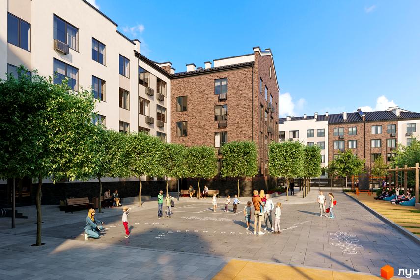 Житловий комплекс МІЛАНЖ з цегляними та білими фасадами, вікнами та кондиціонерами. На прибудинковій території зелені дерева, дитячий майданчик з дітьми та зонами відпочинку.