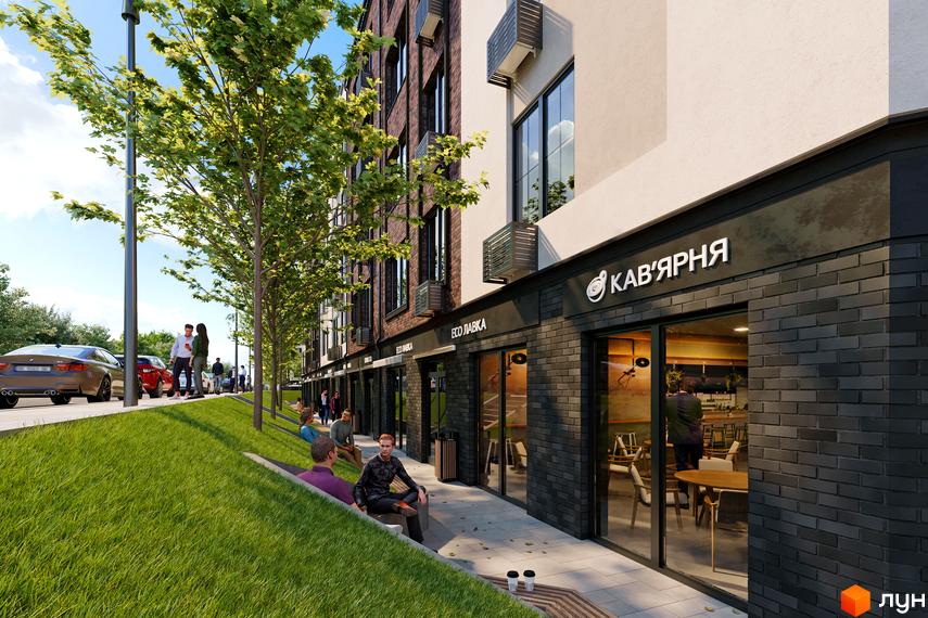 Фасад житлового комплексу МІЛАНЖ з цегляним оздобленням та комерційними приміщеннями на першому поверсі. Прибудинкова територія з зеленими насадженнями та місцями для відпочинку.