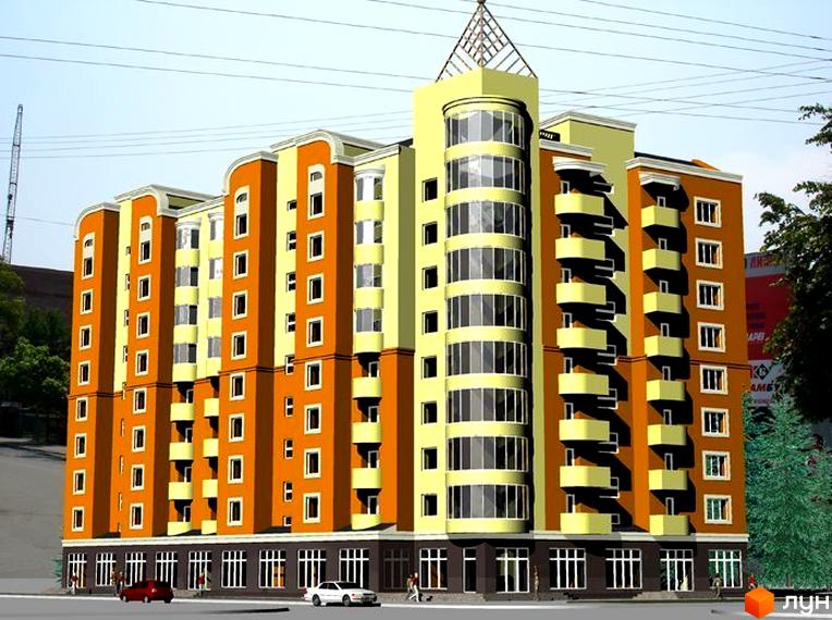 Житловий комплекс на вул. Тичини / вул. Довга, сучасна архітектура з кольоровими фасадами та прибудинковою територією.