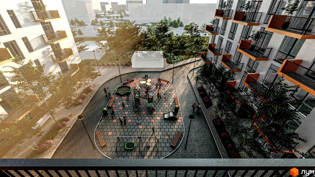 Комплекс AUROOM SPARK з яскравими балконами та дитячим майданчиком на бруківці. Навколо зелені дерева та сучасні будинки.