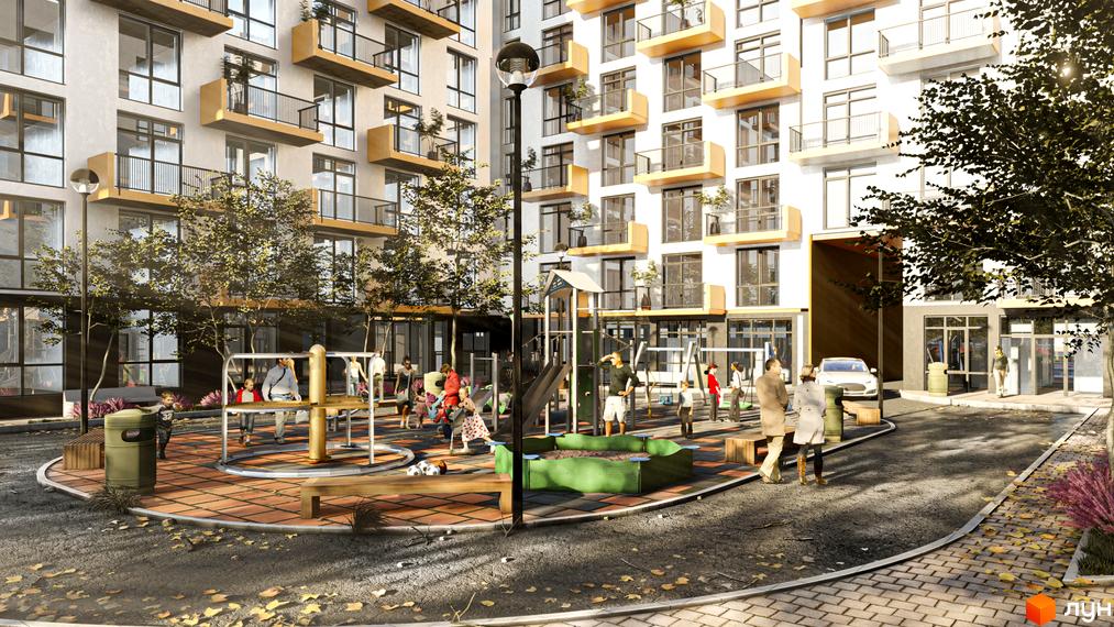 Житловий комплекс AUROOM SPARK з дитячим майданчиком та зонами відпочинку на прибудинковій території. Сучасна архітектура новобудови з балконами та великими вікнами.