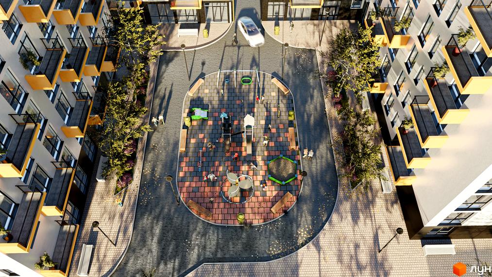 Житловий комплекс AUROOM SPARK з дитячим майданчиком та зонами відпочинку. Сучасна архітектура та упорядкована прибудинкова територія.