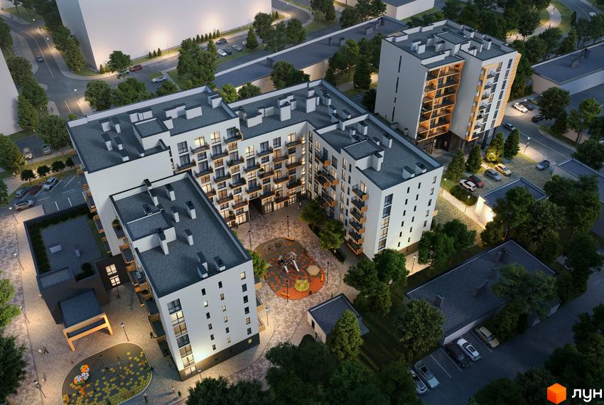 Житловий комплекс AUROOM SPARK з білими фасадами та дерев'яними елементами, внутрішнім двориком з дитячим майданчиком та парковкою.