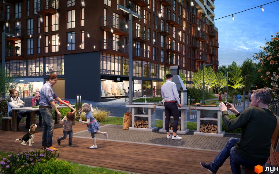 Житловий комплекс AUROOM SOLAR з цегляним фасадом та балконами, прибудинкова територія з барбекю зоною та місцями для відпочинку.