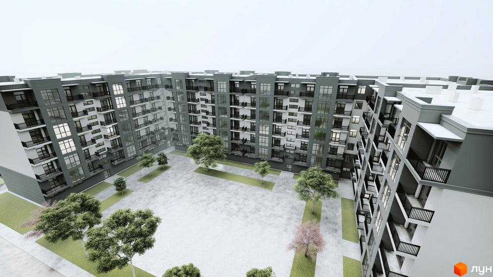 Зовнішній вигляд житлового комплексу Мала Прага з внутрішнім двором та деревами. Комплекс має багатоповерхові будівлі з балконами та великими вікнами.