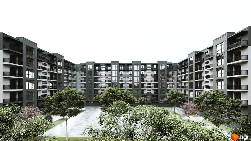 Зовнішній вигляд житлового комплексу Мала Прага з багатоповерховими будинками та балконами, оточений деревами та зеленою прибудинковою територією.