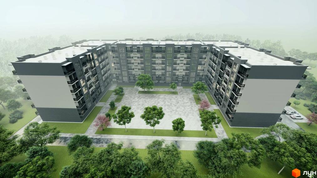 Житловий комплекс Мала Прага: П'ятиповерхова новобудова Г-подібної форми з балконами та великими вікнами, що оточує внутрішній двір з деревами та доріжками.