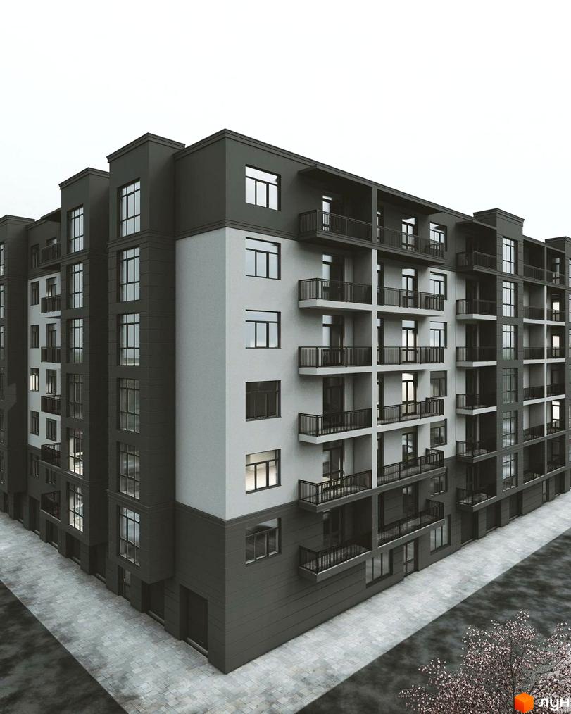 Зовнішній вигляд новобудови ЖК Мала Прага з балконами та великими вікнами. Перед будинком розташована бруківка та дерева.