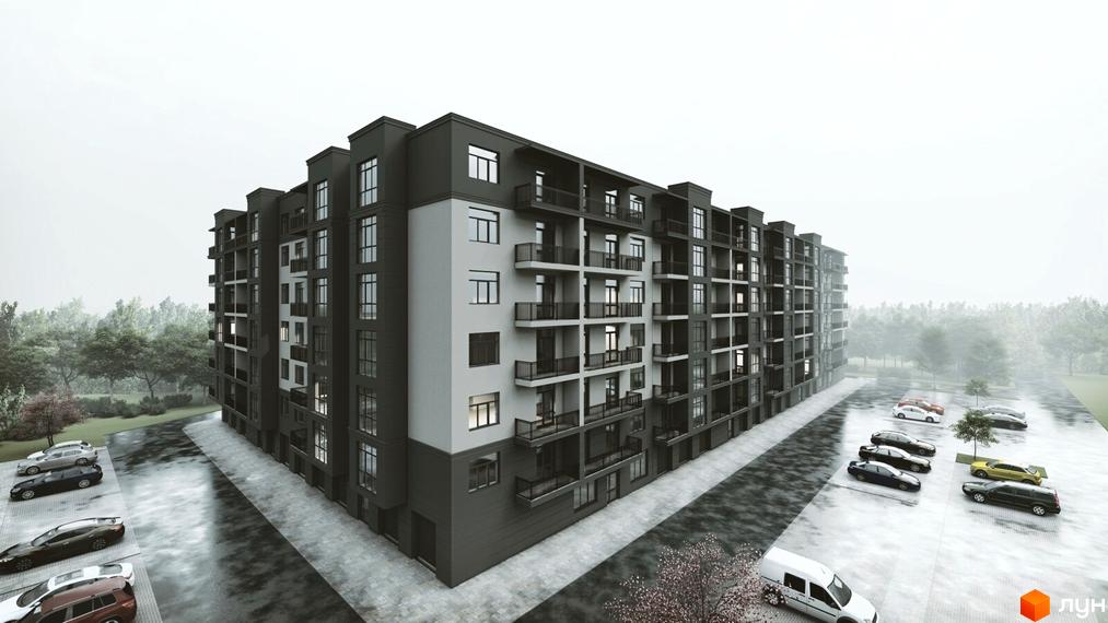 Житловий комплекс Мала Прага – сучасна багатоповерхова будівля з балконами та паркінгом поруч. Навколо комплексу розташовані дерева та зелені насадження.