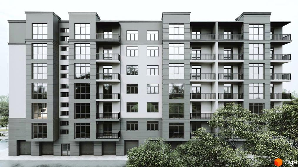 Фасад житлового комплексу Мала Прага з балконами та великими вікнами. Навколо будівлі розташовані зелені дерева.