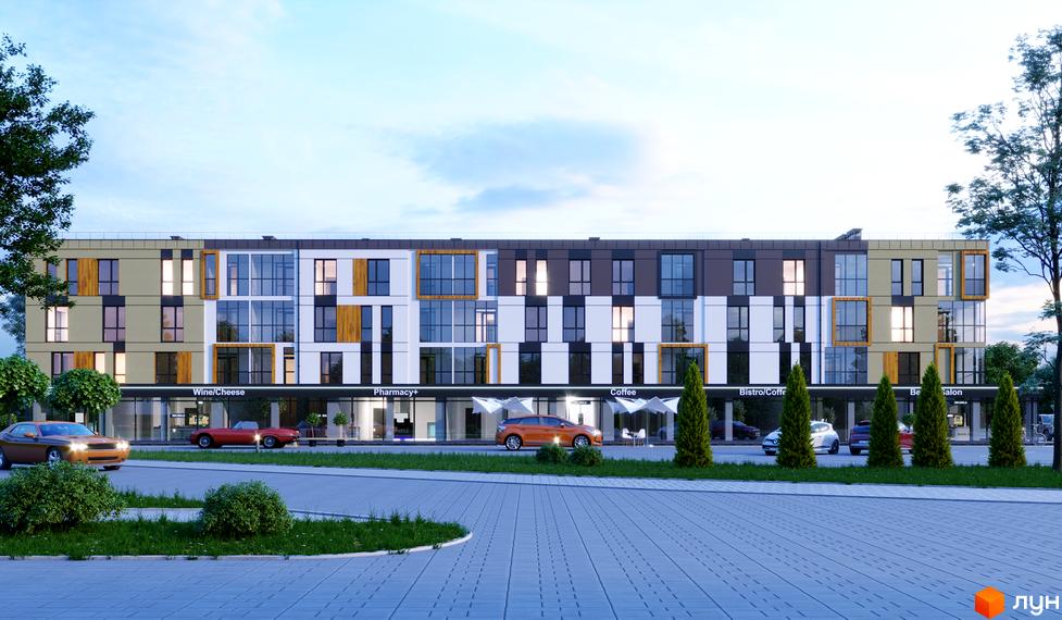 Зображення фасаду триповерхової будівлі Житлового комплексу U HOME з магазинами на першому поверсі та прилеглою територією.