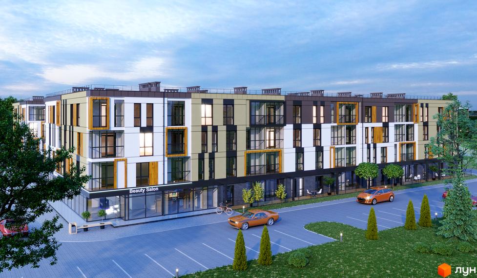 Зображення Житлового комплексу U HOME: багатоповерховий будинок з комбінованим фасадом та великими вікнами. Перед ним паркінг з автомобілями та зелені зони.