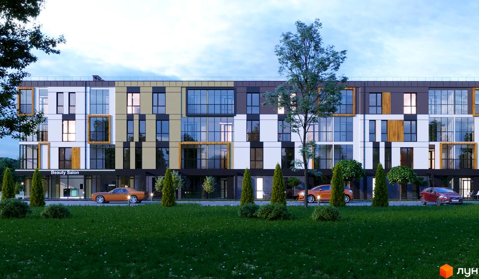 Фасад Житлового комплексу U HOME з великими вікнами та комбінованими панелями. Перед будинком зелений газон, дерева та припарковані автомобілі.