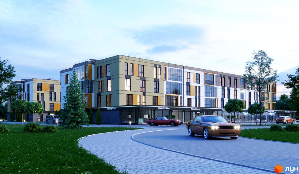 Багатоповерхові будинки ЖК U HOME з комерційними приміщеннями на першому поверсі. На прибудинковій території є дорога, зелені насадження та автомобілі.