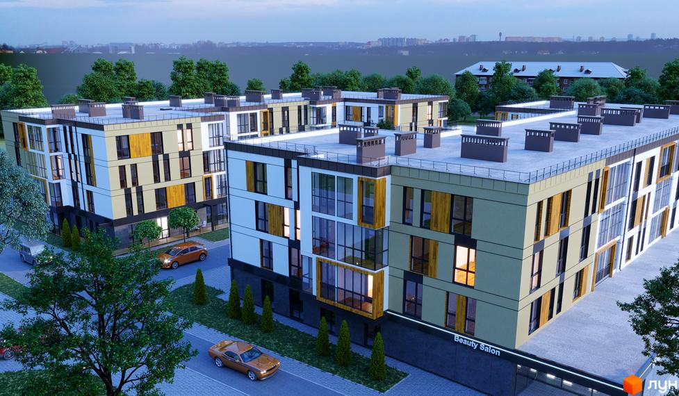 Зображення фасаду та прибудинкової території Житлового комплексу U HOME. Багатоповерховий будинок з великими вікнами та зеленими насадженнями.