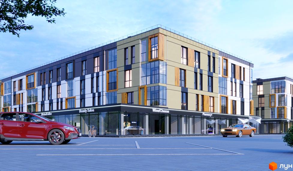 Житловий комплекс U HOME з багатоповерховим будинком, що має фасади з різними кольорами та великими вікнами. На першому поверсі розташовані магазини та парковка.