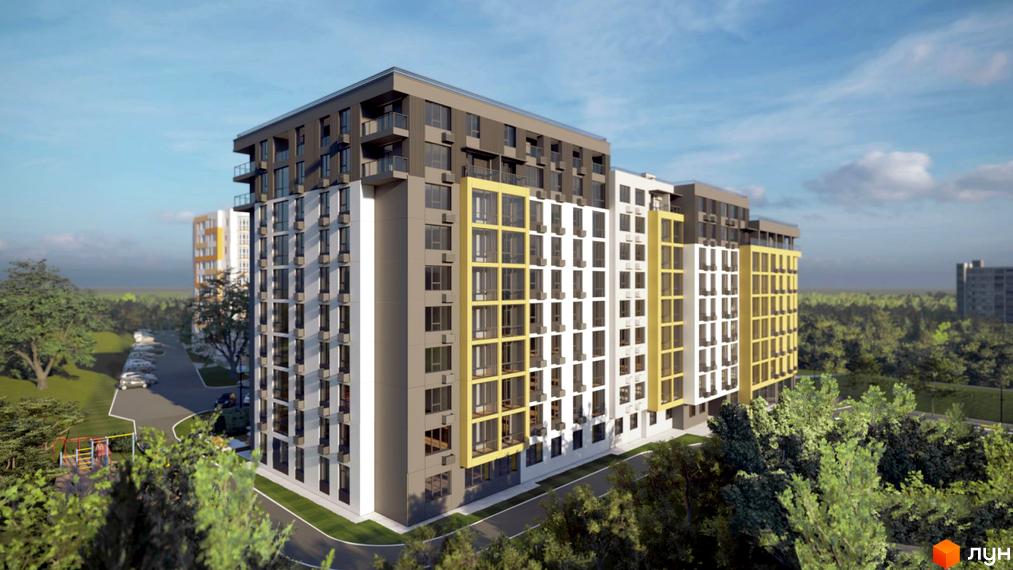 Житловий комплекс Соняшник: фасади будівель у сірих, білих та жовтих кольорах, балкони, кондиціонери. На прибудинковій території - зелені насадження, дерева, автостоянка, дитячий майданчик.