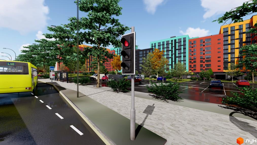 Житловий комплекс Кольоровий: яскраві фасади, зелені насадження та зручна інфраструктура. Сучасний житловий комплекс з паркінгом та зупинкою громадського транспорту.