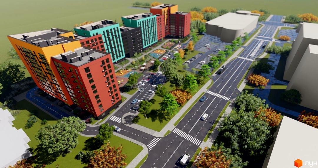 Житловий комплекс Кольоровий - це яскрава новобудова з різнокольоровими фасадами та доглянутою прибудинковою територією з дитячими майданчиками та парковкою.