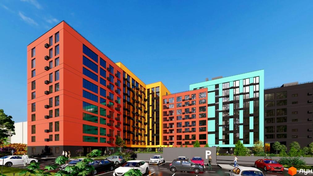 Житловий комплекс Кольоровий – це яскрава новобудова з різнокольоровими фасадами та великою кількістю вікон. Перед будинком розташований паркінг з автомобілями.