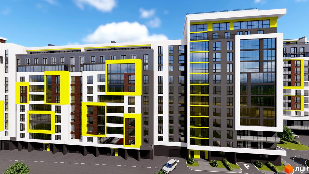 Висотна будівля житлового комплексу з панорамними вікнами та яскравими жовтими акцентами. На прибудинковій території є парковка та зелені насадження.