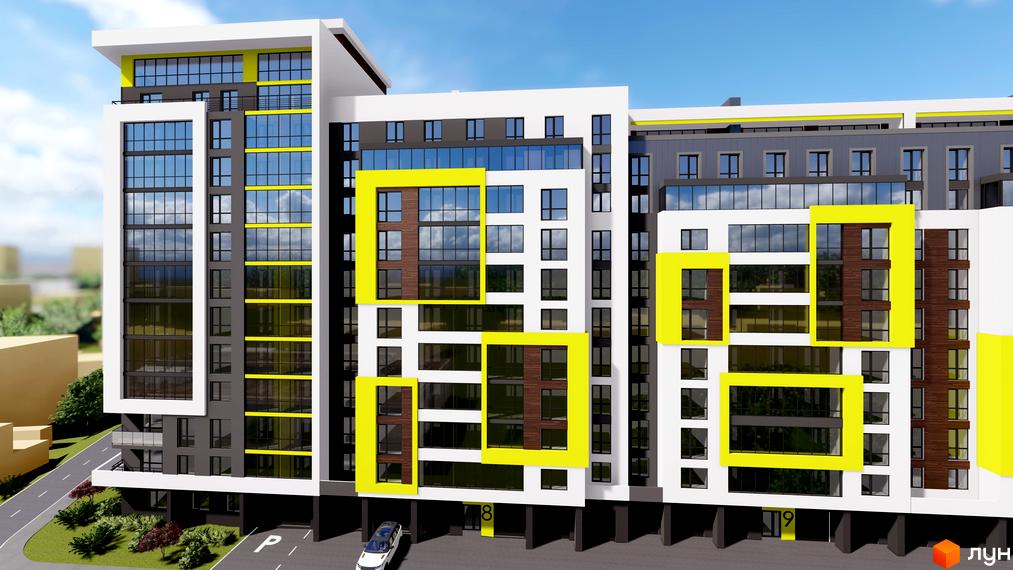 Зображення фасаду багатоповерхового будинку ЖК Квартал Енергія з великими вікнами, балконами та прибудинковою територією з паркуванням та озелененням.