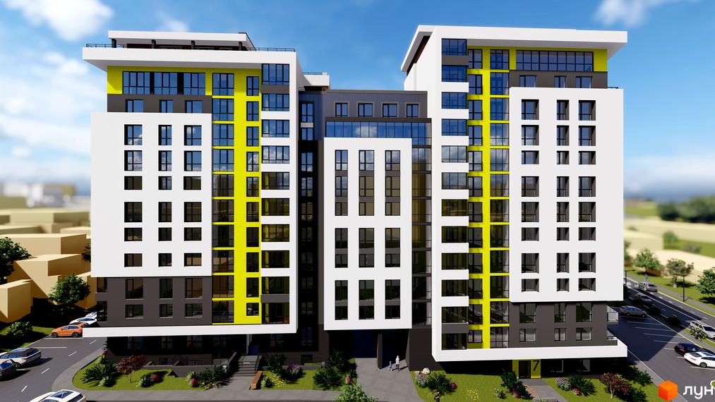 Зображення сторінки ЖК Квартал Енергія. Багатоповерховий будинок з білими та сірими фасадами, жовтими вставками та великими вікнами. На прибудинковій території є дерева та парковка.