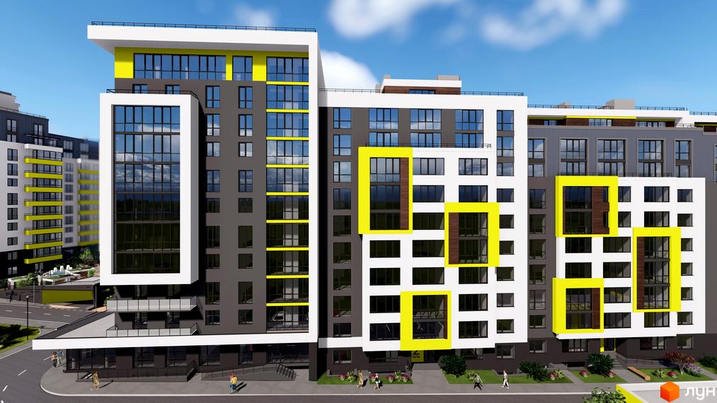 Зображення житлового комплексу Квартал Енергія з фасадом у сіро-білих тонах з жовтими акцентами. На території комплексу є тротуари, зелені насадження та місця для відпочинку.