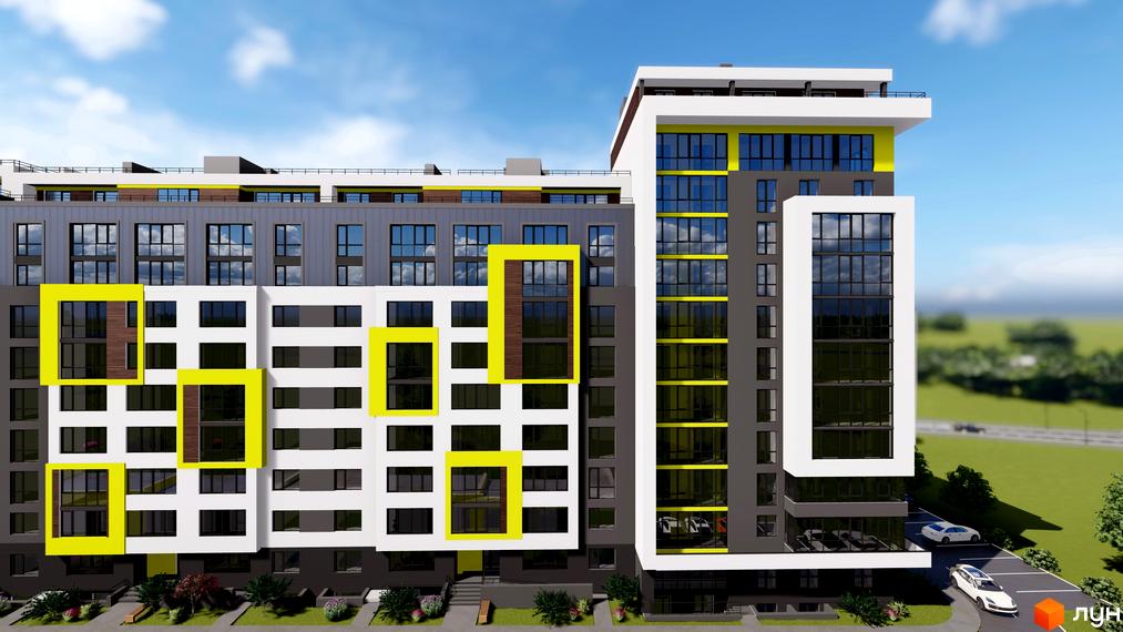 Багатоповерховий будинок ЖК Квартал Енергія з фасадом у сірих та білих тонах з жовтими акцентами. На прибудинковій території є парковка та зелені насадження.