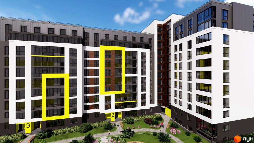 Зображення фасаду багатоповерхового будинку ЖК Квартал Енергія з великими вікнами та яскравими жовтими акцентами. На прибудинковій території розташовані зелені насадження та доріжки.