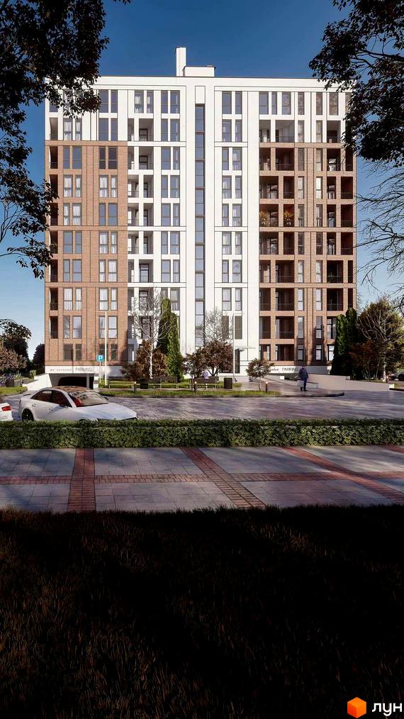 Зовнішній вигляд новобудови ЖК Зоряний з цегляними та білими фасадами, балконами та великою кількістю вікон. Прибудинкова територія з зеленими насадженнями, доріжками та автомобілями.