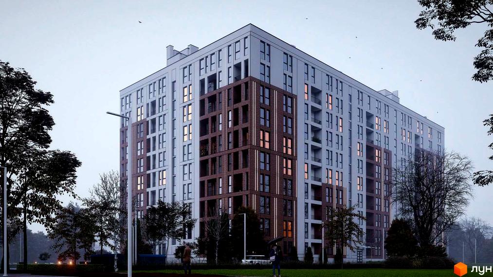 Зовнішній вигляд житлового комплексу Зоряний з цегляними та світлими фасадами, вікнами та балконами, на тлі дерев та сірого неба.