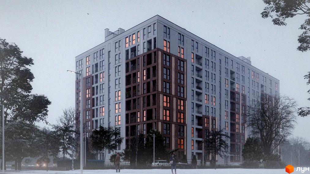 Зовнішній вигляд новобудови ЖК Зоряний з цегляними вставками та великою кількістю вікон. Навколо будинку зелені насадження та освітлення.