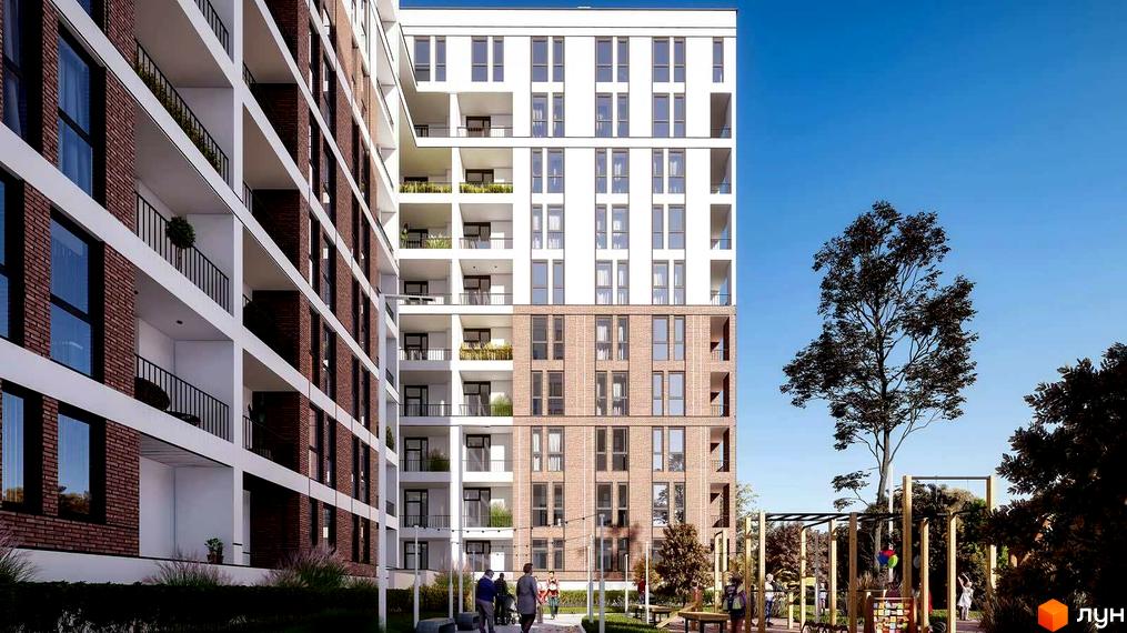 Зовнішній вигляд новобудови ЖК Зоряний з цегляним та білим фасадом, балконами та дитячим майданчиком на прибудинковій території.