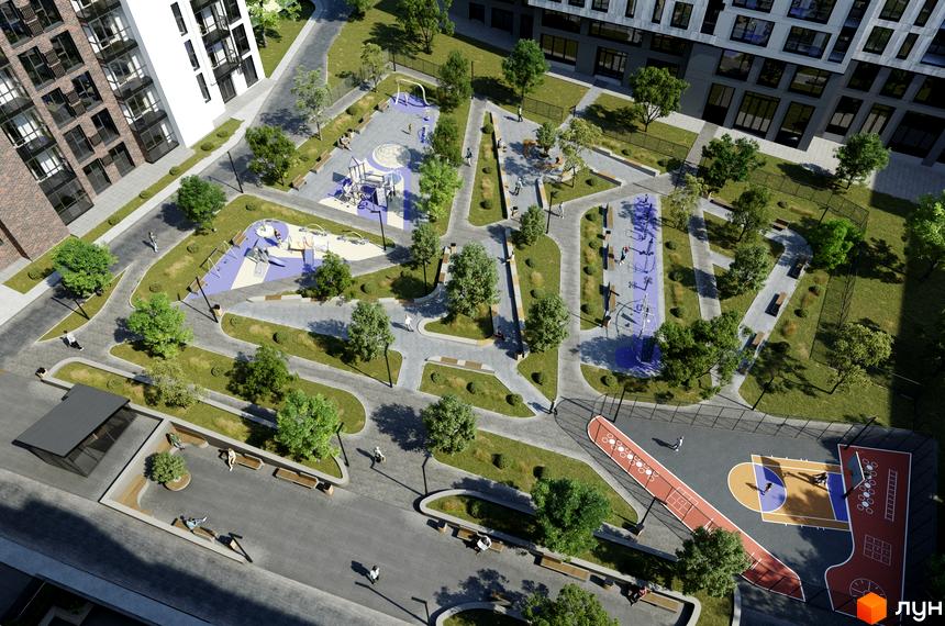 Житловий комплекс Аметист: вид зверху на сучасне містобудівне рішення з дитячими та спортивними майданчиками, зонами відпочинку та доглянутою прибудинковою територією.