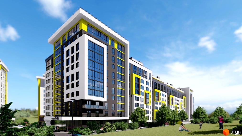 Високоповерховий будинок з великими вікнами та жовтими вставками. На території ЖК Квартал Енергія є зелені насадження та місця для відпочинку.