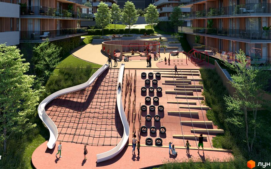 Житловий комплекс MARVEL Hill: сучасні будівлі з дерев'яними фасадами та великими балконами, облаштований дитячий майданчик з гірками та зонами для активного відпочинку.