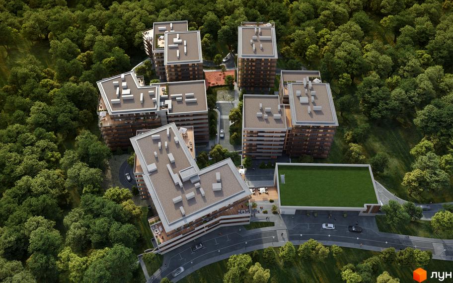 Житловий комплекс MARVEL Hill – це сучасні будівлі з пласкими дахами, розташовані серед зелених дерев. Територія комплексу включає доглянуті газони та дороги.