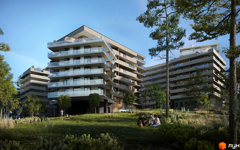 Житловий комплекс MARVEL Hill з багатоповерховими будинками та скляними балконами, розташований на зеленій галявині з деревами.