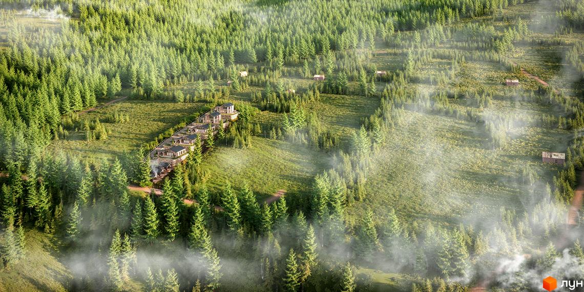 Котеджне містечко Greenhill chalet з сучасними будинками, розташоване серед зеленого лісу з туманом.