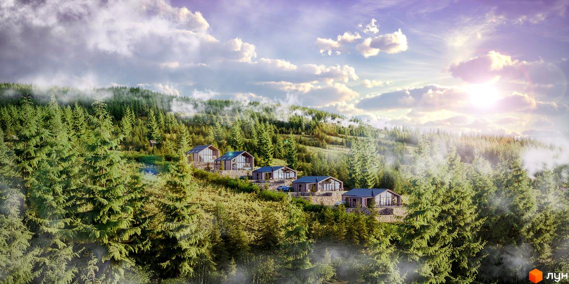 Котеджне містечко Greenhill chalet з дерев'яними фасадами та панорамними вікнами розташоване на схилі гори серед соснового лісу.