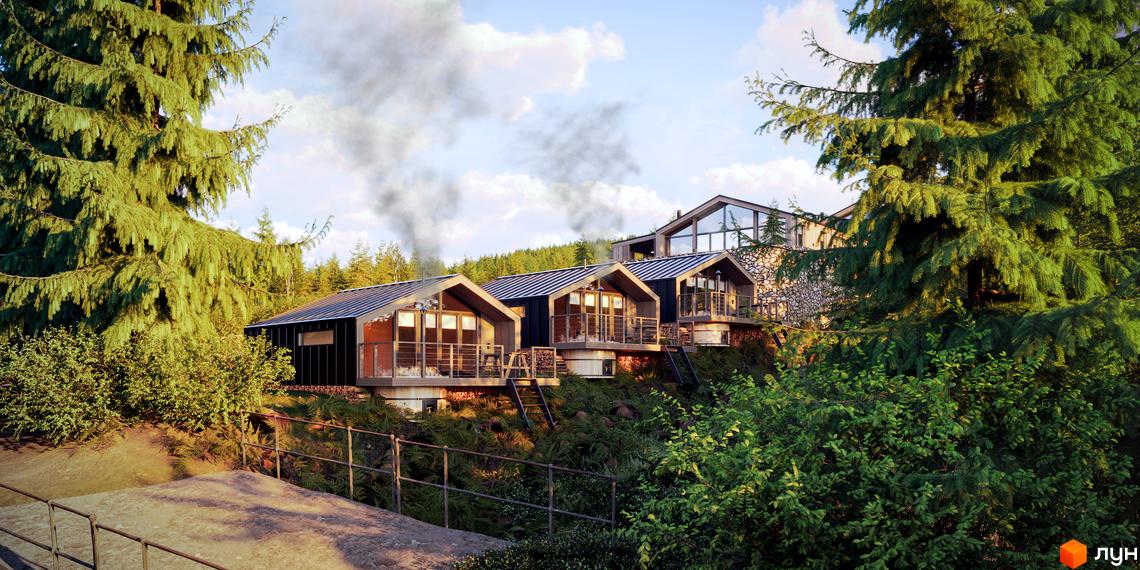 Котеджне містечко КМ Greenhill chalet з дерев'яними фасадами, великими вікнами та балконами, розташоване серед зелених дерев та пагорбів.
