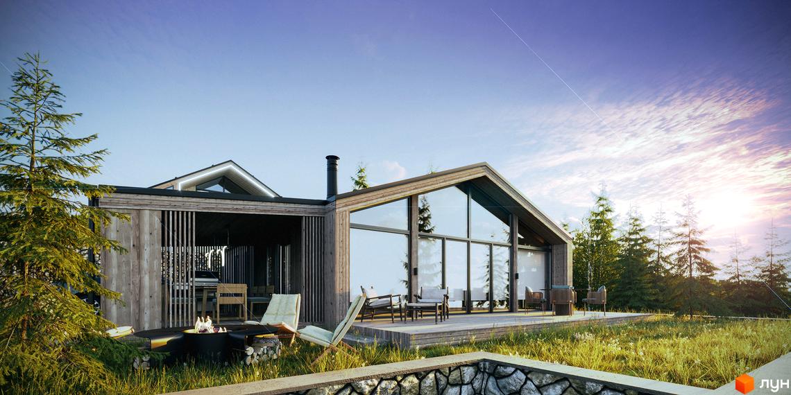 Котеджне містечко КМ Greenhill chalet з дерев'яним фасадом та великими вікнами, розташоване серед сосен на схилі пагорба з зоною відпочинку біля вогнища.