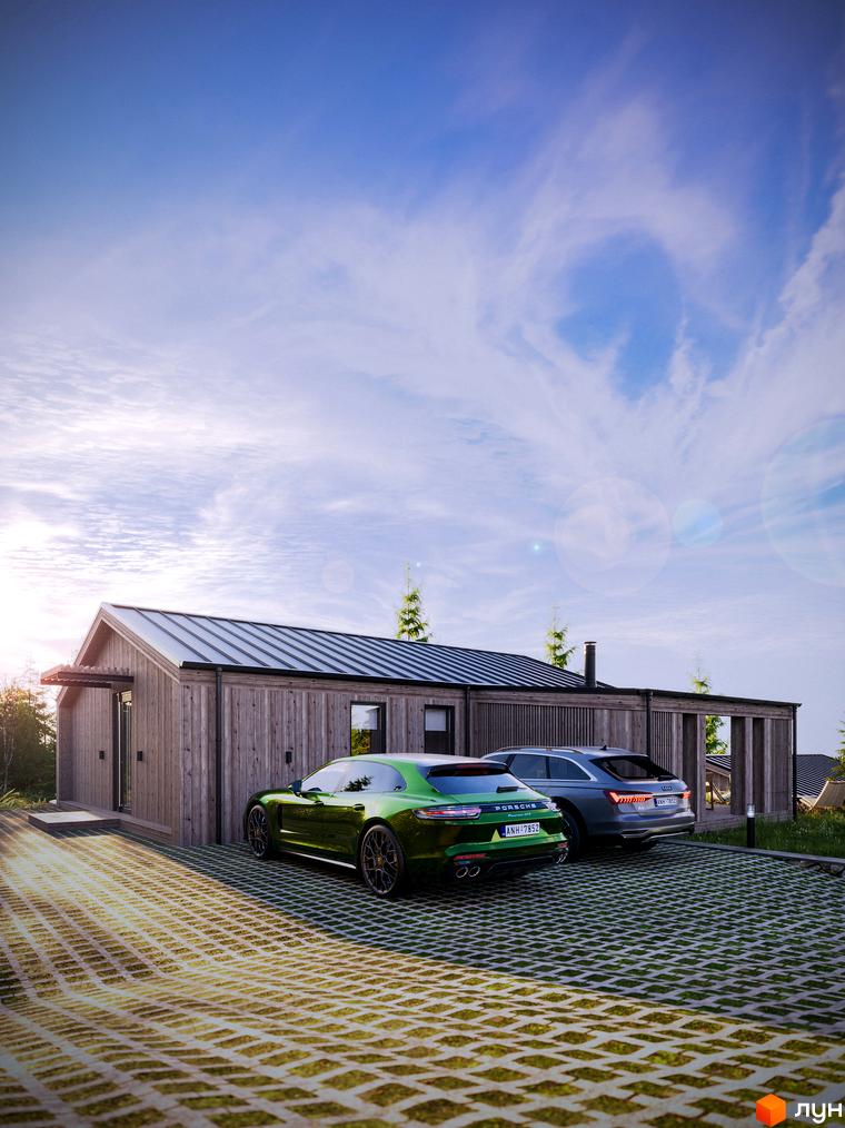 Котеджне містечко Greenhill chalet з дерев'яним фасадом та паркуванням з еко-бруківки. На території розташовані два автомобілі.