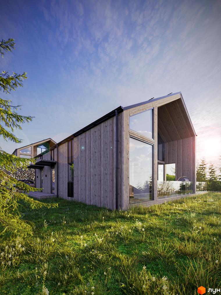 Зовнішній вигляд будинку з дерев'яним фасадом та великими вікнами, оточений зеленою травою та деревами. Котеджне містечко КМ Greenhill chalet.
