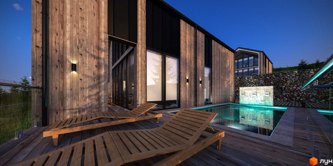 Котеджне містечко Greenhill chalet з дерев'яним фасадом та басейном з підсвіткою. Тераса з шезлонгами та кам'яна стіна з водоспадом.